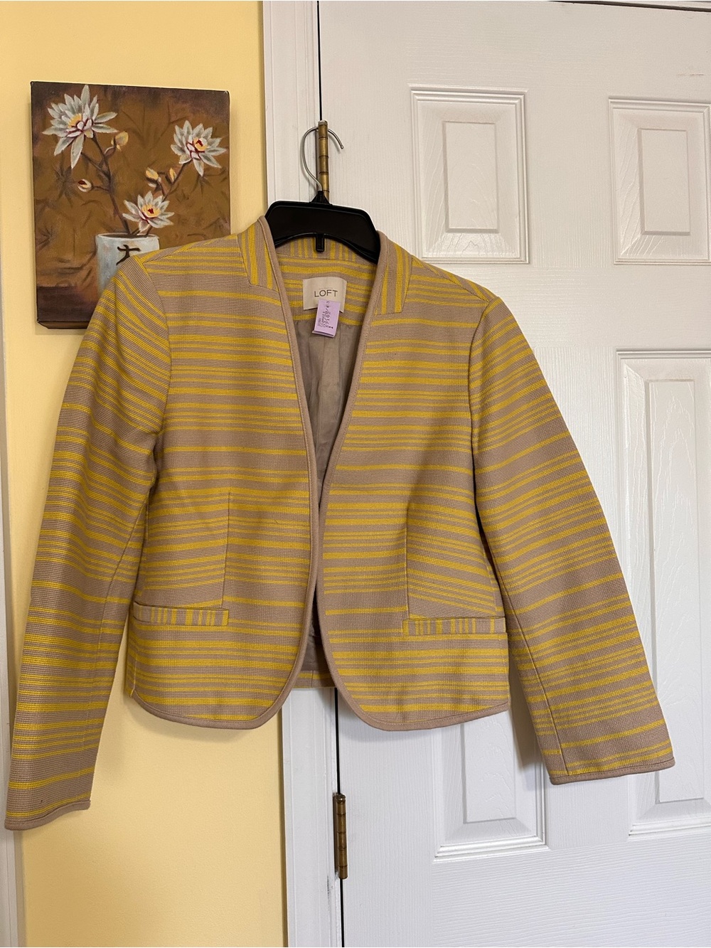 LOFT Yellow and Taupe Striped Cropped Blazer